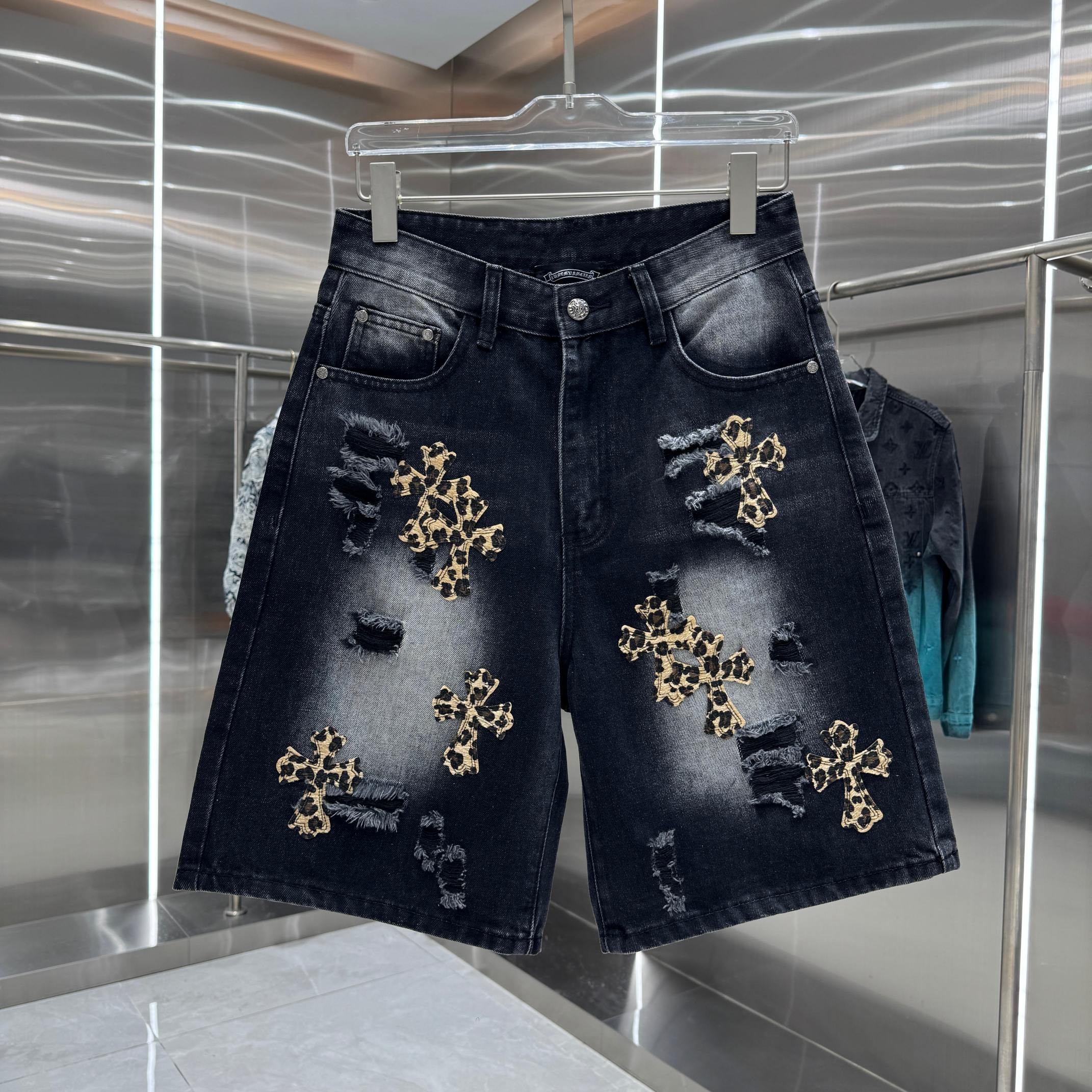 Chrome Hearts クロムハーツ ダメージ レオパード柄 クロスモチーフ デニムショーツ ブラック/ブルー/ホワイト