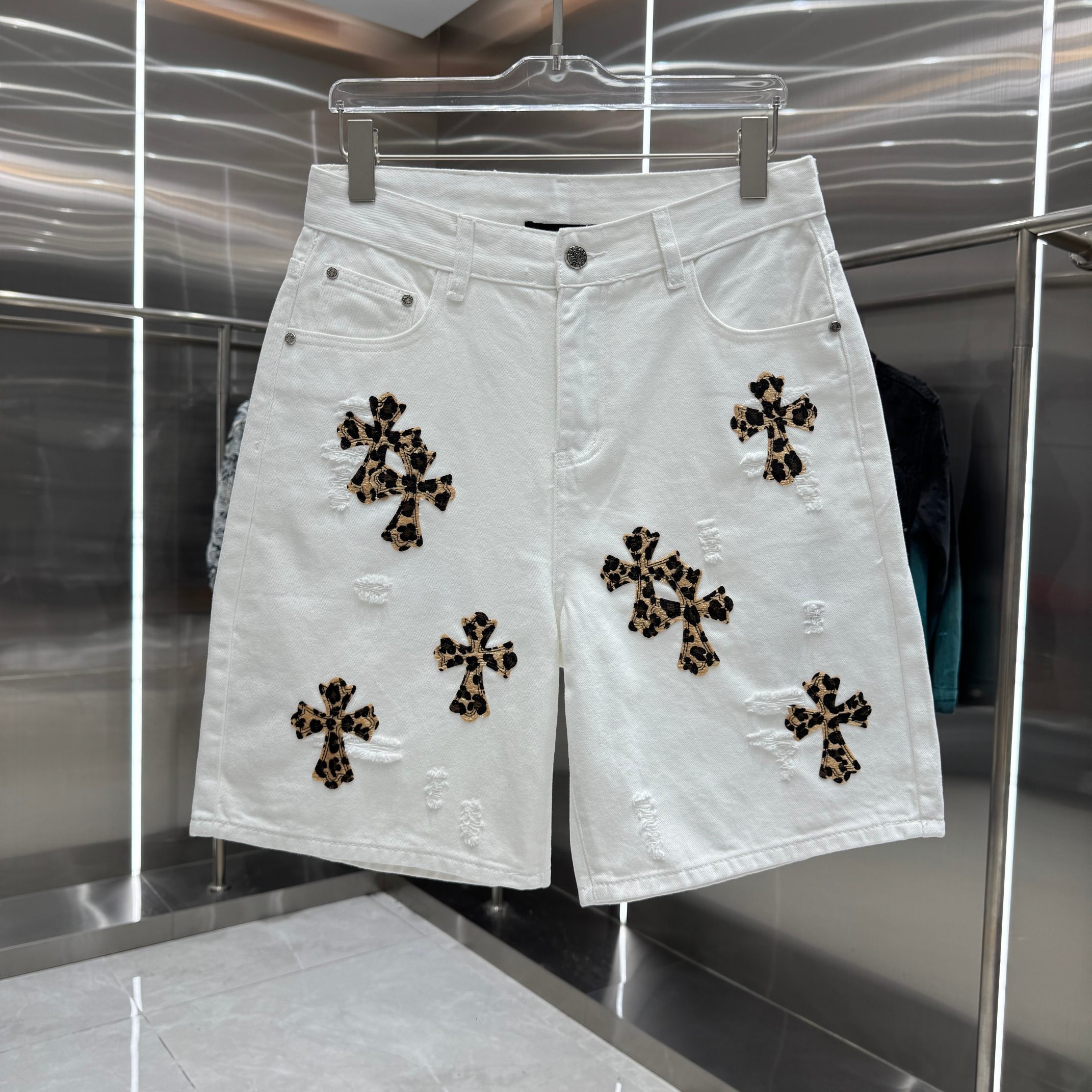 Chrome Hearts クロムハーツ ダメージ加工 レオパード柄 クロス デニムショーツ