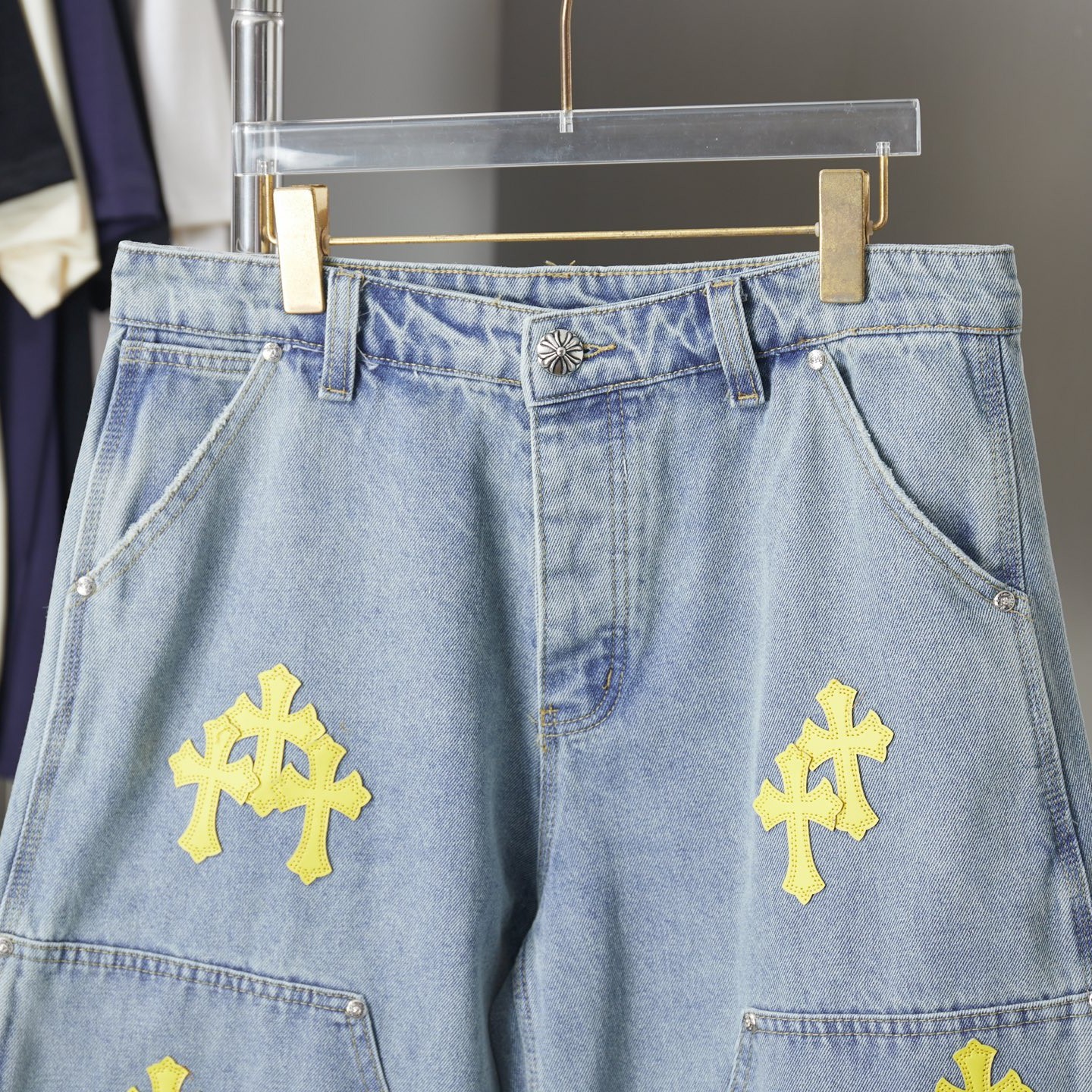 CHROME HEARTS クロムハーツ × GALLERY DEPT. イエロークロス刺繍 リラックスフィット ストレート デニムショーツ ライトブルー
