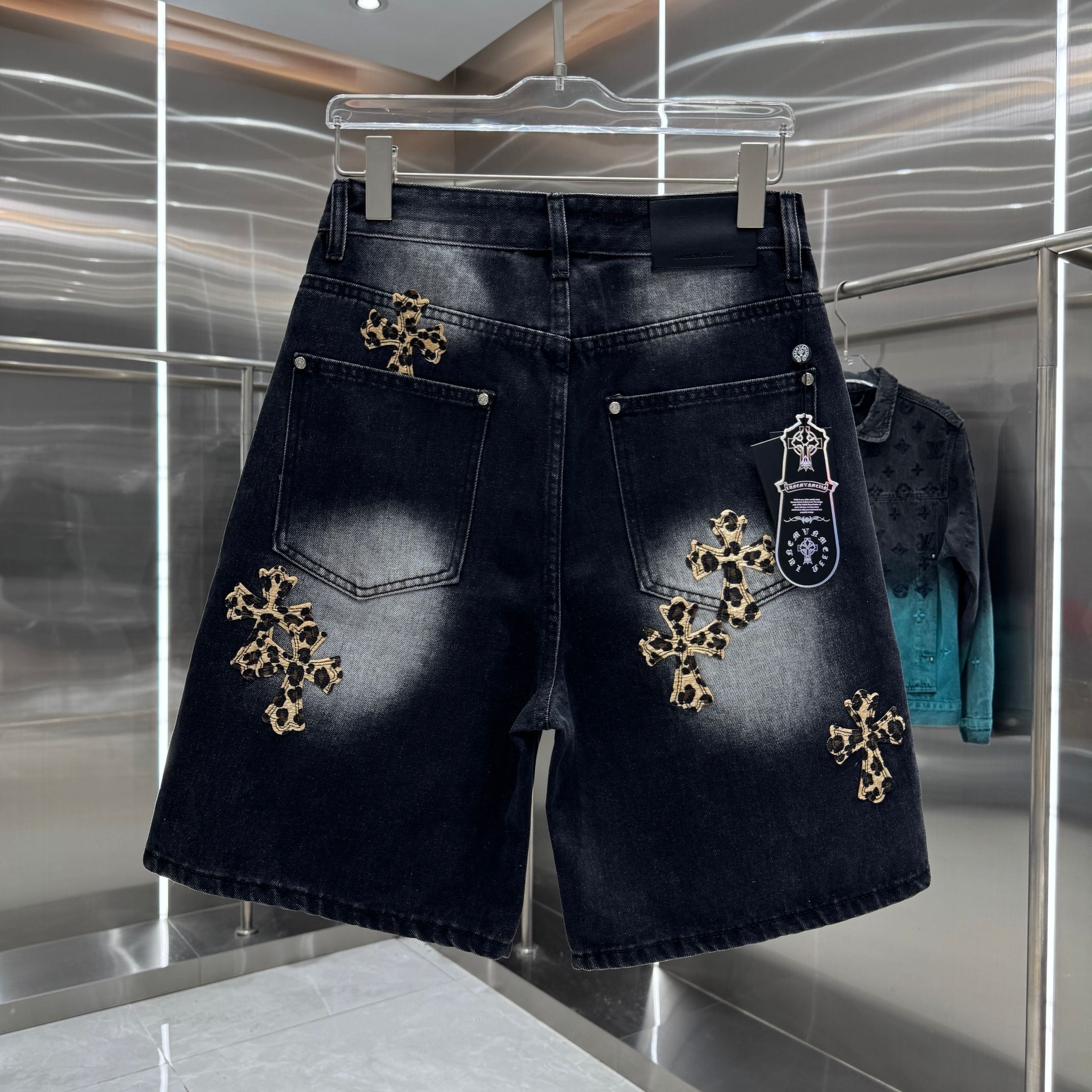 Chrome Hearts クロムハーツ ダメージ レオパード柄 クロスモチーフ デニムショーツ ブラック/ブルー/ホワイト