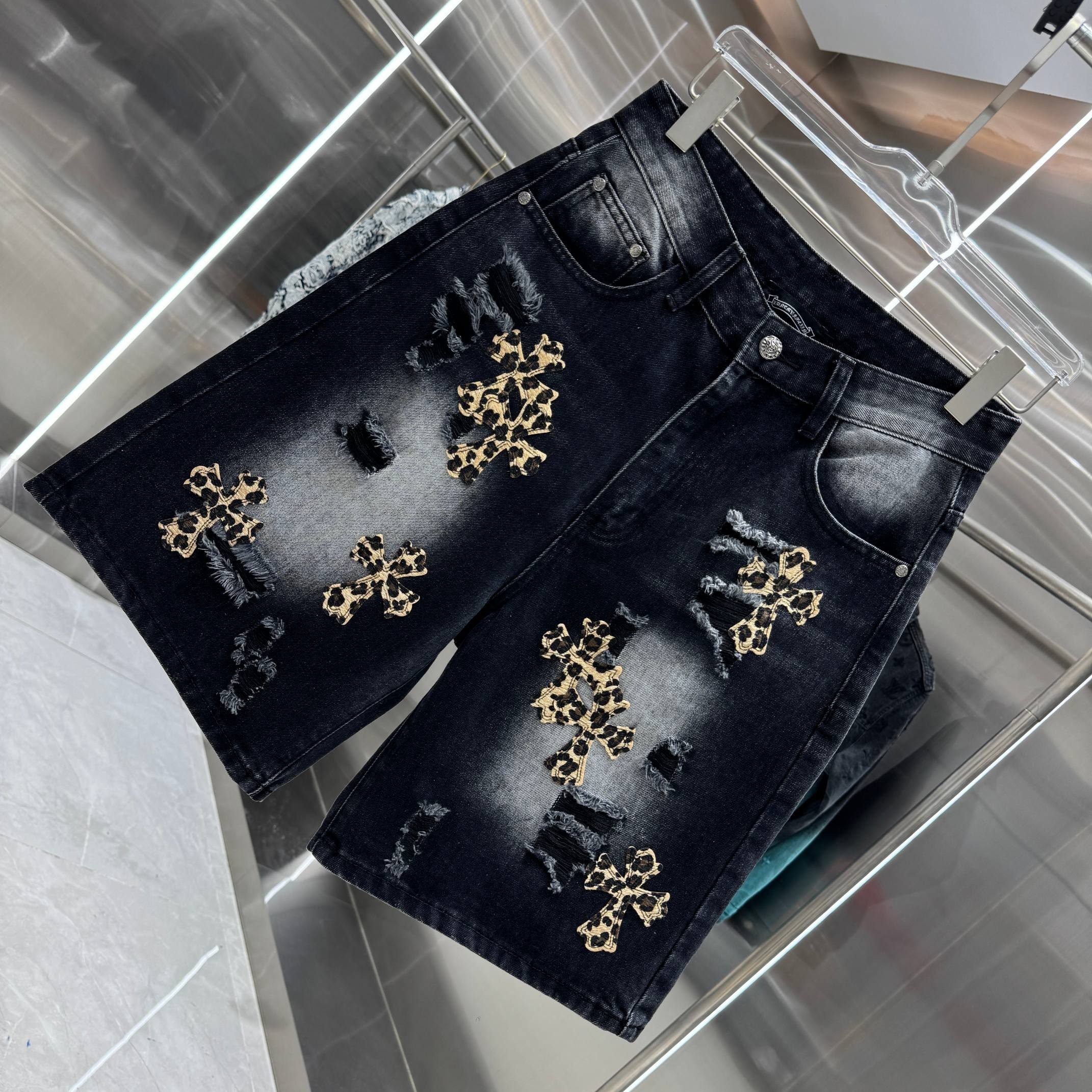 Chrome Hearts クロムハーツ ダメージ レオパード柄 クロスモチーフ デニムショーツ ブラック/ブルー/ホワイト