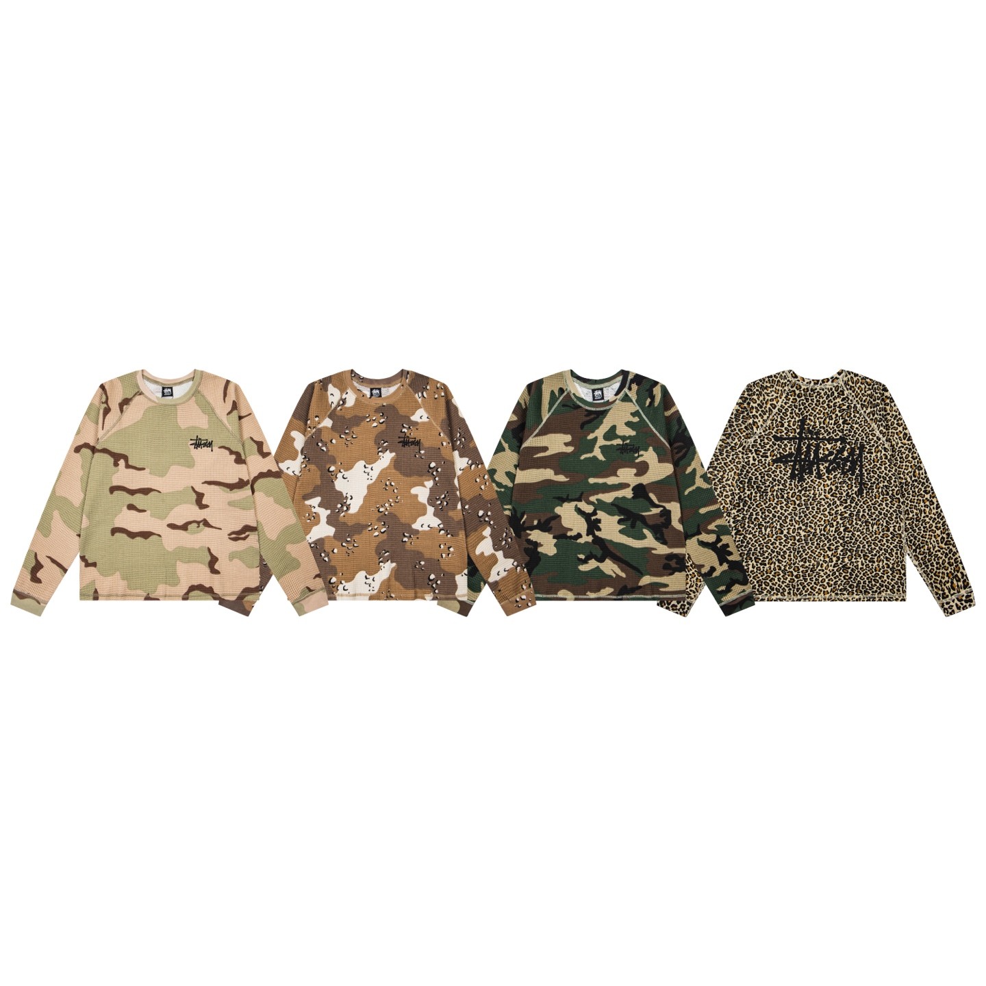 STUSSY ステューシー 秋コレクション ロゴデザイン ラグランスリーブ ワッフル地 360gヘビーウェイト アメリカンヴィンテージ風 長袖Tシャツ ユニセックス  カラー: カモフラージュ/デザートカモ/ウッドランドカモ/レオパード