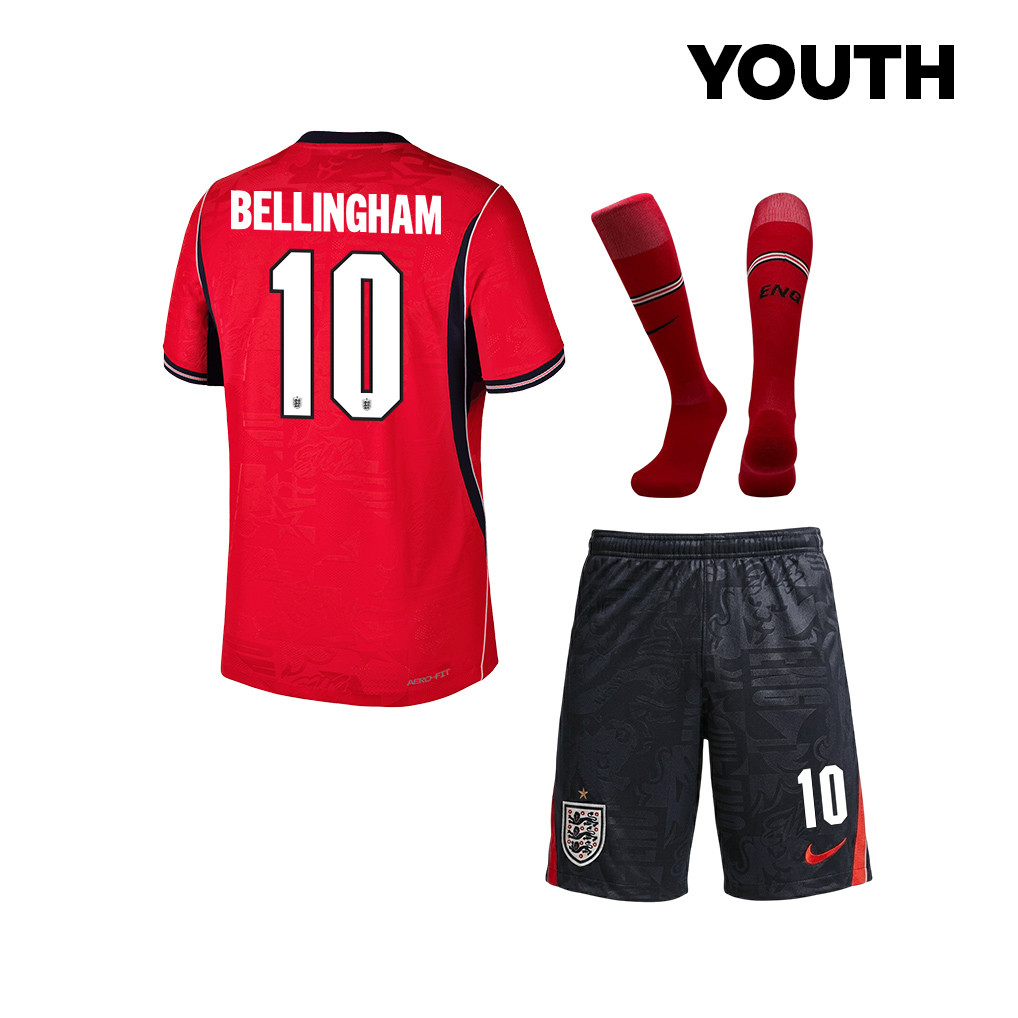 Jude Bellingham 10 Englische Nationalmannschaft 2026 JUGEND Auswärts Kit-Set – Rot/Schwarz