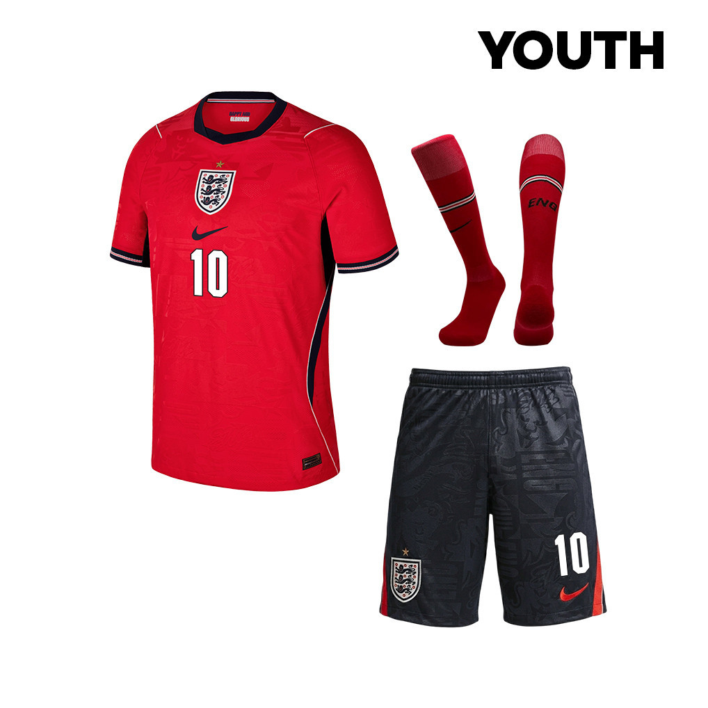Jude Bellingham 10 Englische Nationalmannschaft 2026 JUGEND Auswärts Kit-Set – Rot/Schwarz