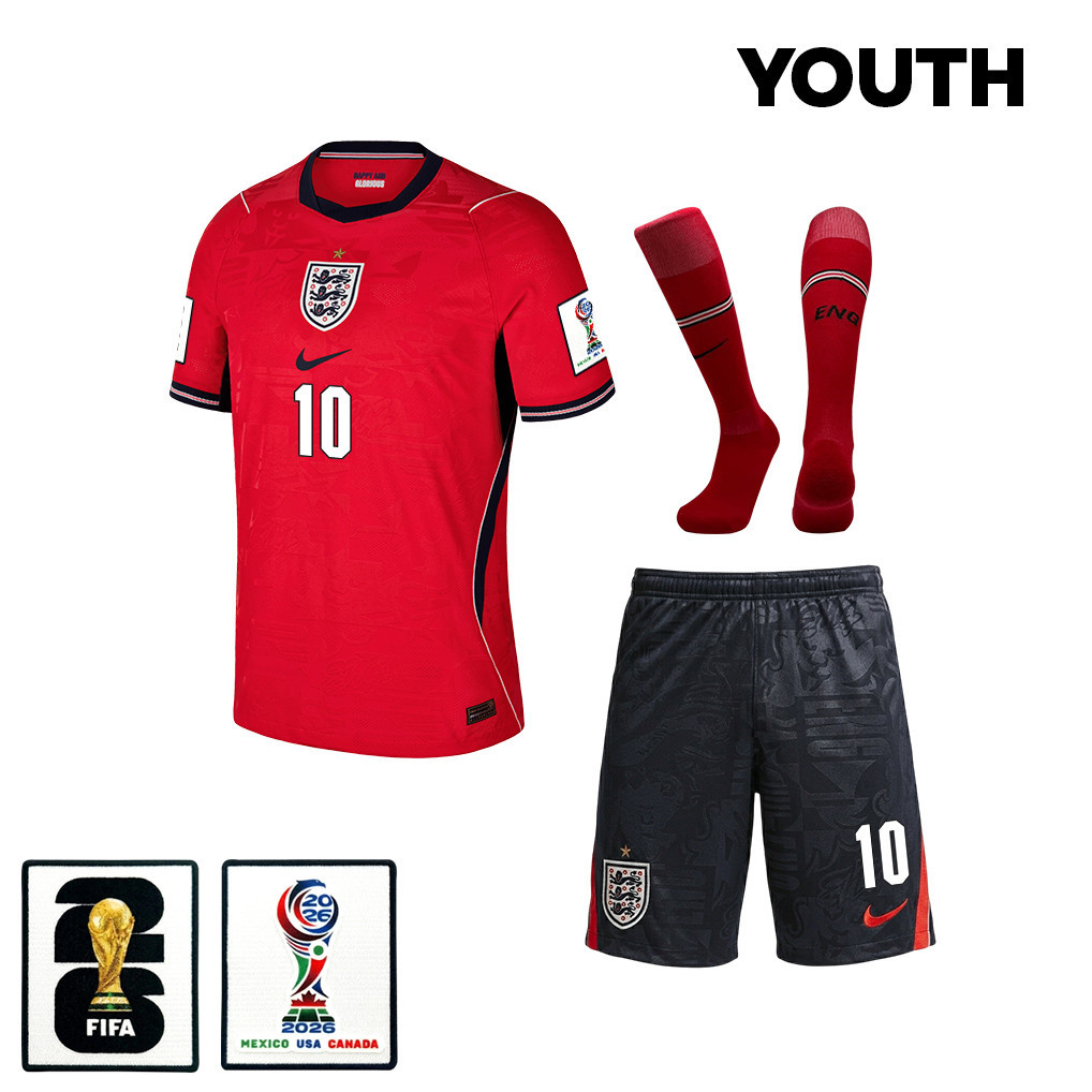 Jude Bellingham 10 Englische Nationalmannschaft 2026 JUGEND Auswärts Kit-Set – Rot/Schwarz