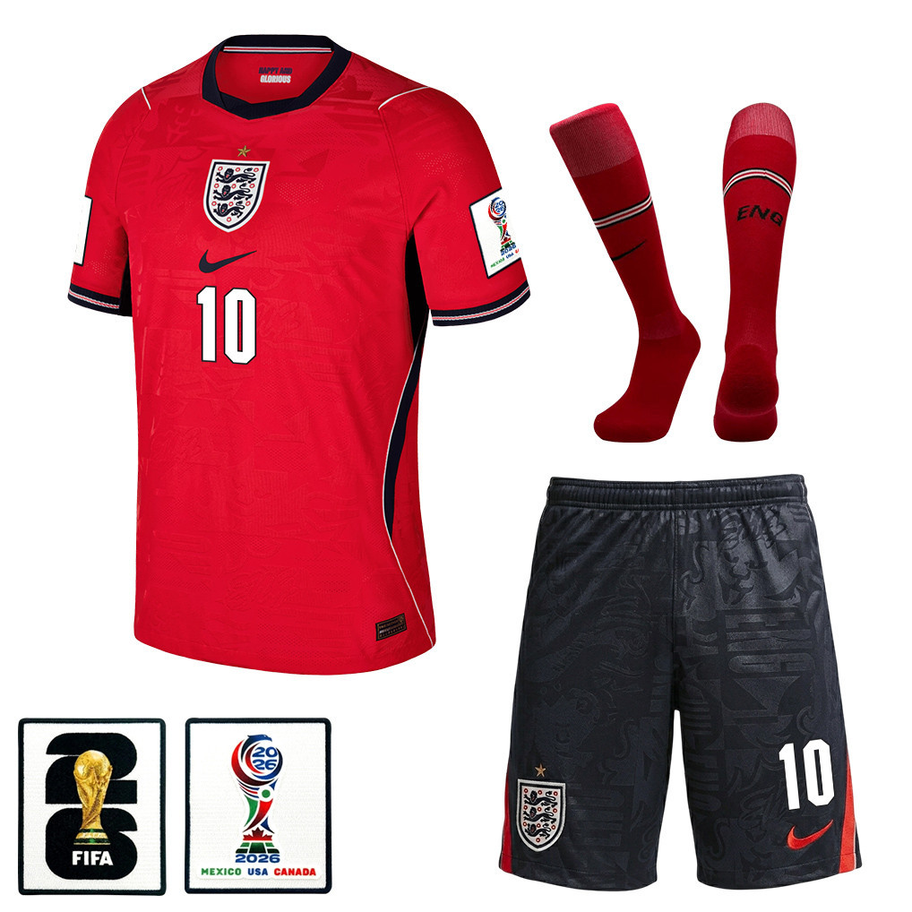 Jude Bellingham 10 Englische Nationalmannschaft 2026 Auswärts Herren-Kit-Set – Rot/Schwarz